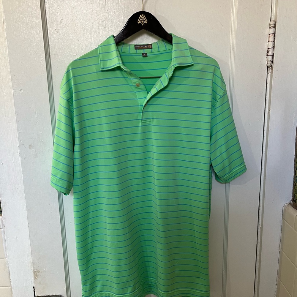 Peter Millar Summer Comfort Green Blue Striped Golf Polo Shirt Mens Large - Picture 1 of 7